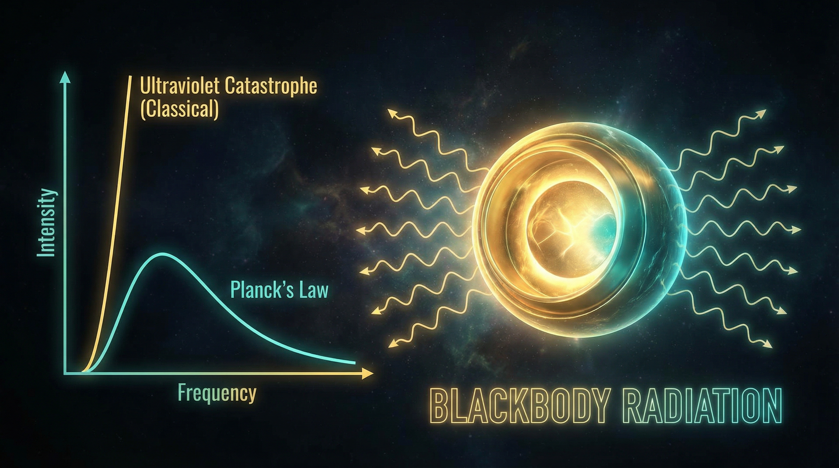 Blackbody radiation spectrum showing the ultraviolet catastrophe vs Planck's law