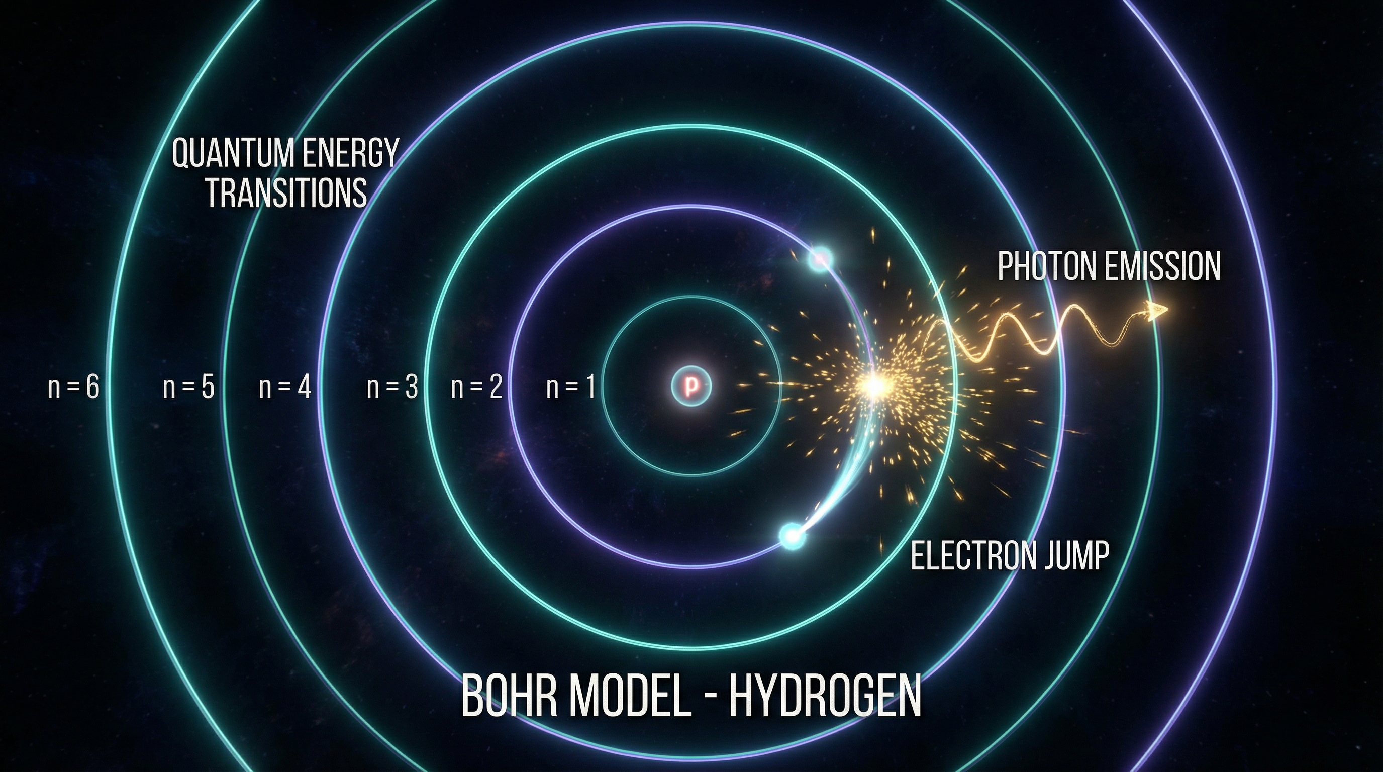 Bohr model of hydrogen atom with electron energy level transitions