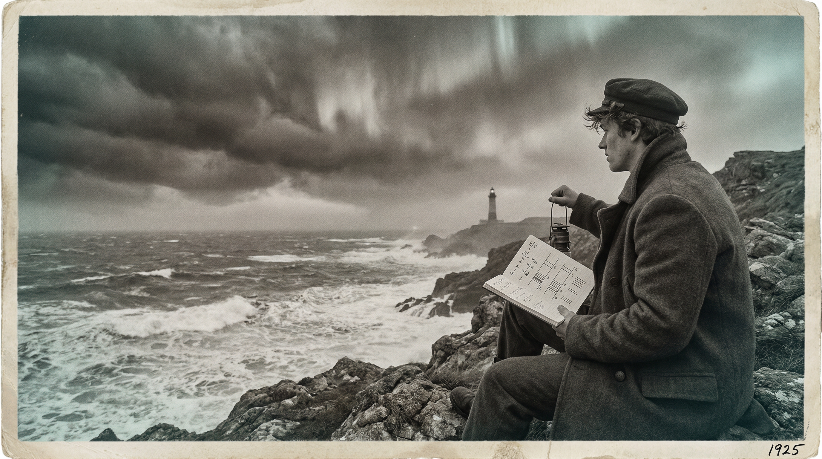 Physicist on rocky island cliff with notebook of matrix equations, 1925