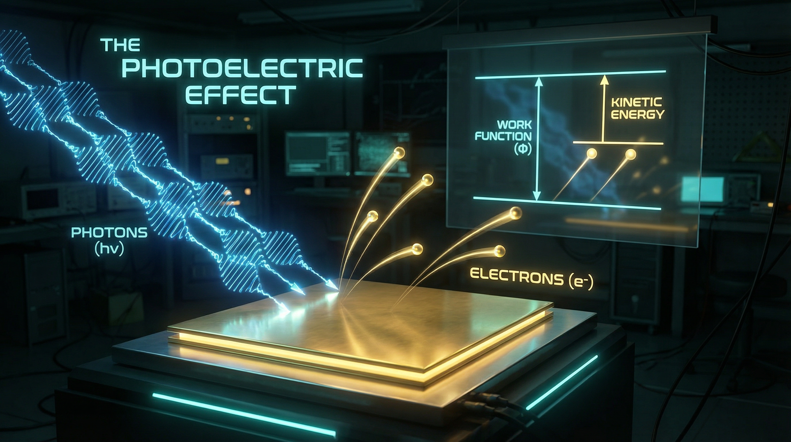 The photoelectric effect: photons ejecting electrons from a metal surface
