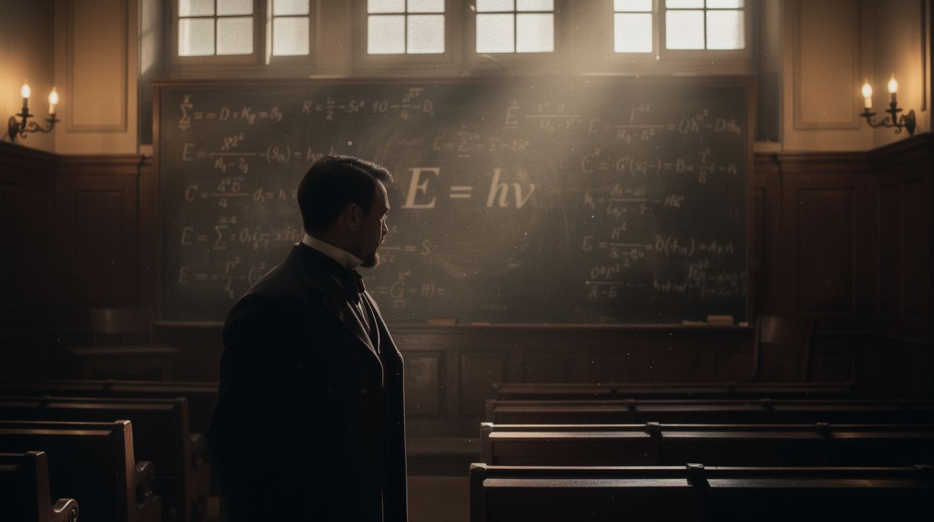 1900 German physics lecture hall with E=hν on blackboard